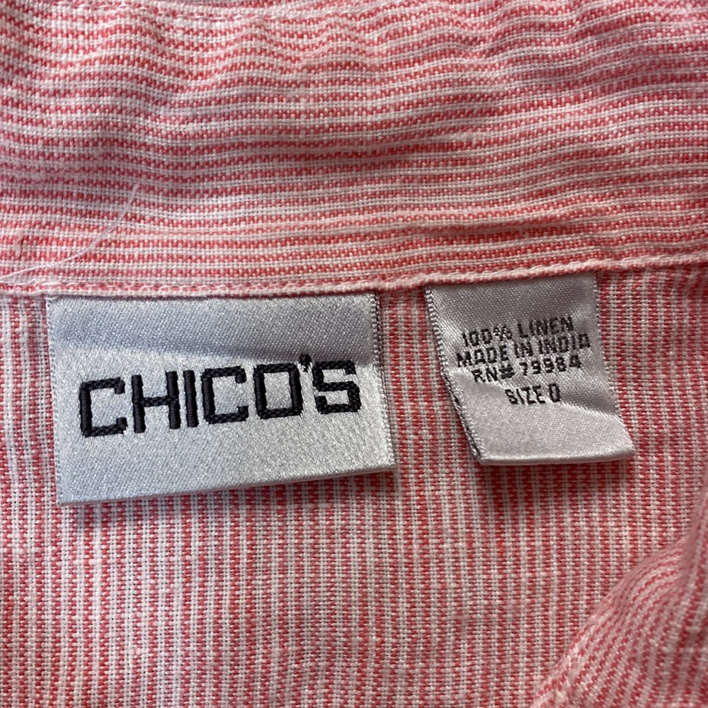 Chico's Womens Sz 0 Button Up Roll Sleeve Striped Linen Tunic Pink Pockets - Picture 4 of 5